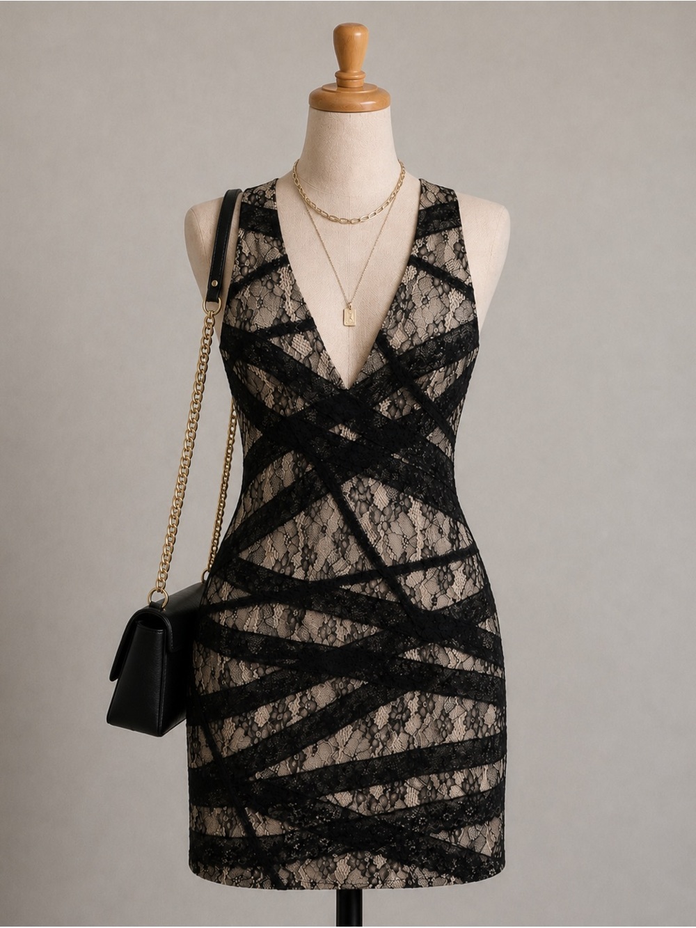 Bebe Black and Cream Lace Mini Dress